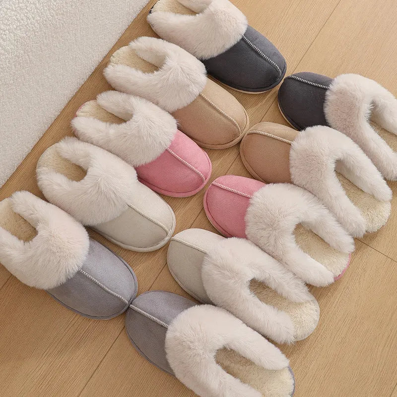 Women's brown plush winter slippers with artificial wool lining and anti-slip PVC sole shown from side view