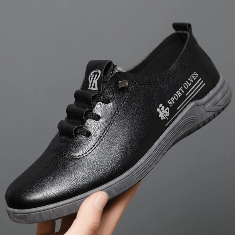 Men's lace-up casual shoes in white, brown, or black with flat heel, round toe, PU upper, PVC sole, sizes 39-45