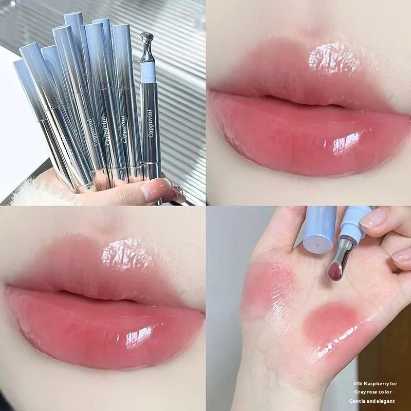 Mirror water light lip gloss lipstick in six semi-transparent ice cream colours showing 12.9 cm case
