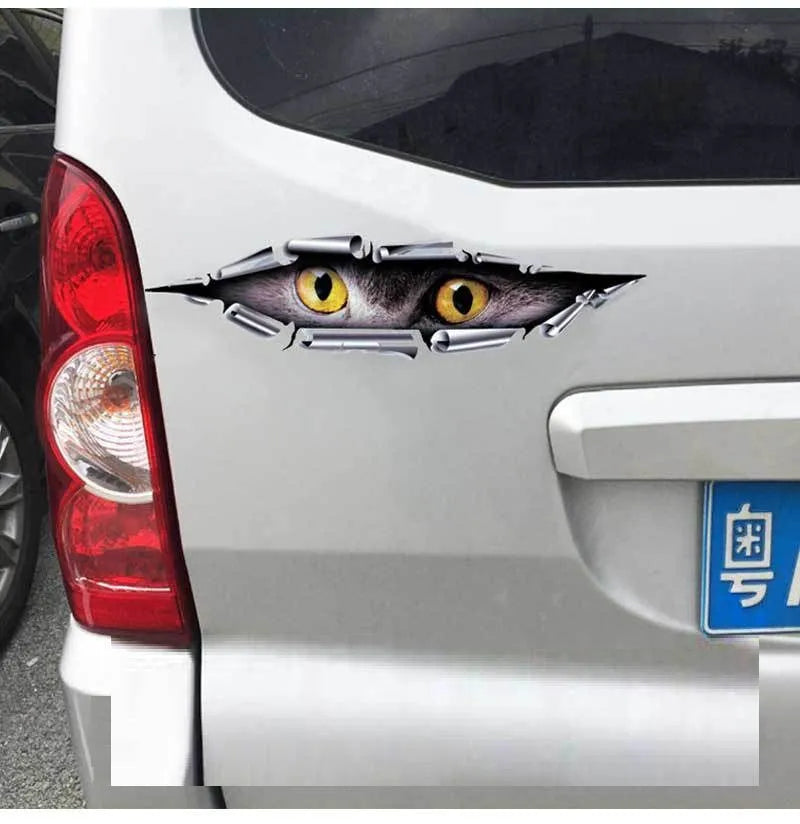 3D tiger eye car door sticker on vehicle showing transparent PVC adhesive and 10x35cm dimensions
