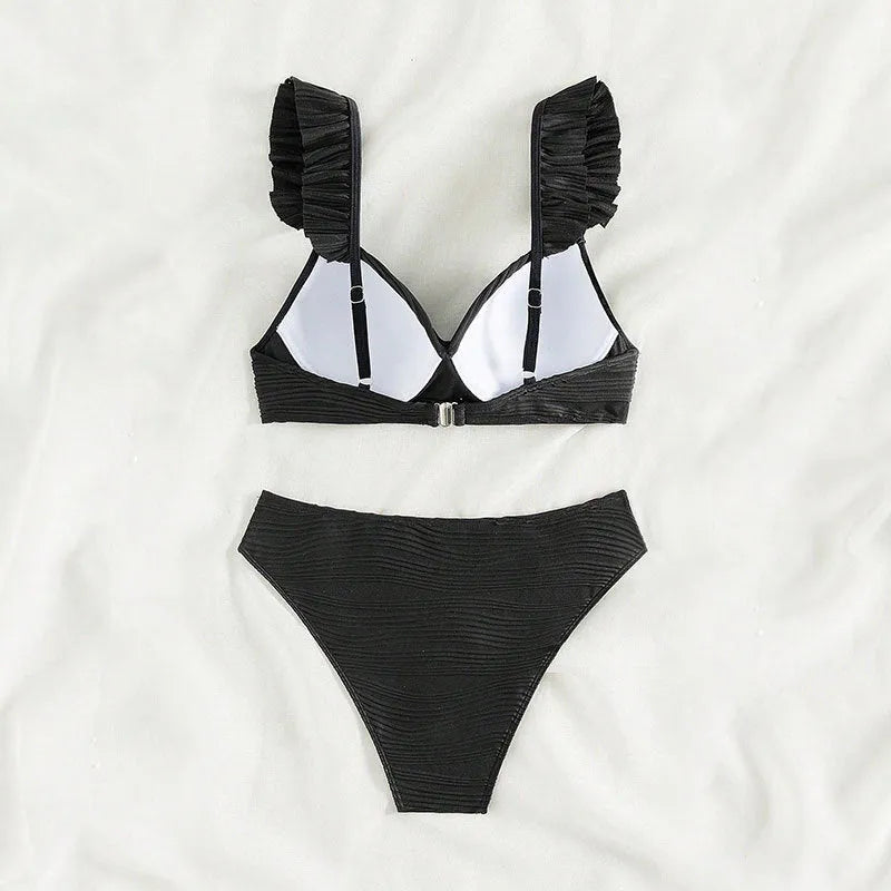 Women's solid colour bikini swimsuit in black or khaki on mannequin