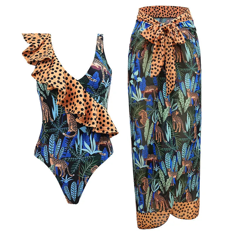 Women's solid colour spaghetti strap one-piece swimsuit with a matching skirt.