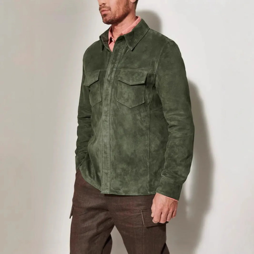 Noah Suede Shirt Jacket men's coat in brown, red, or green, polyester fibre, regular length, sizes S to XXXL.