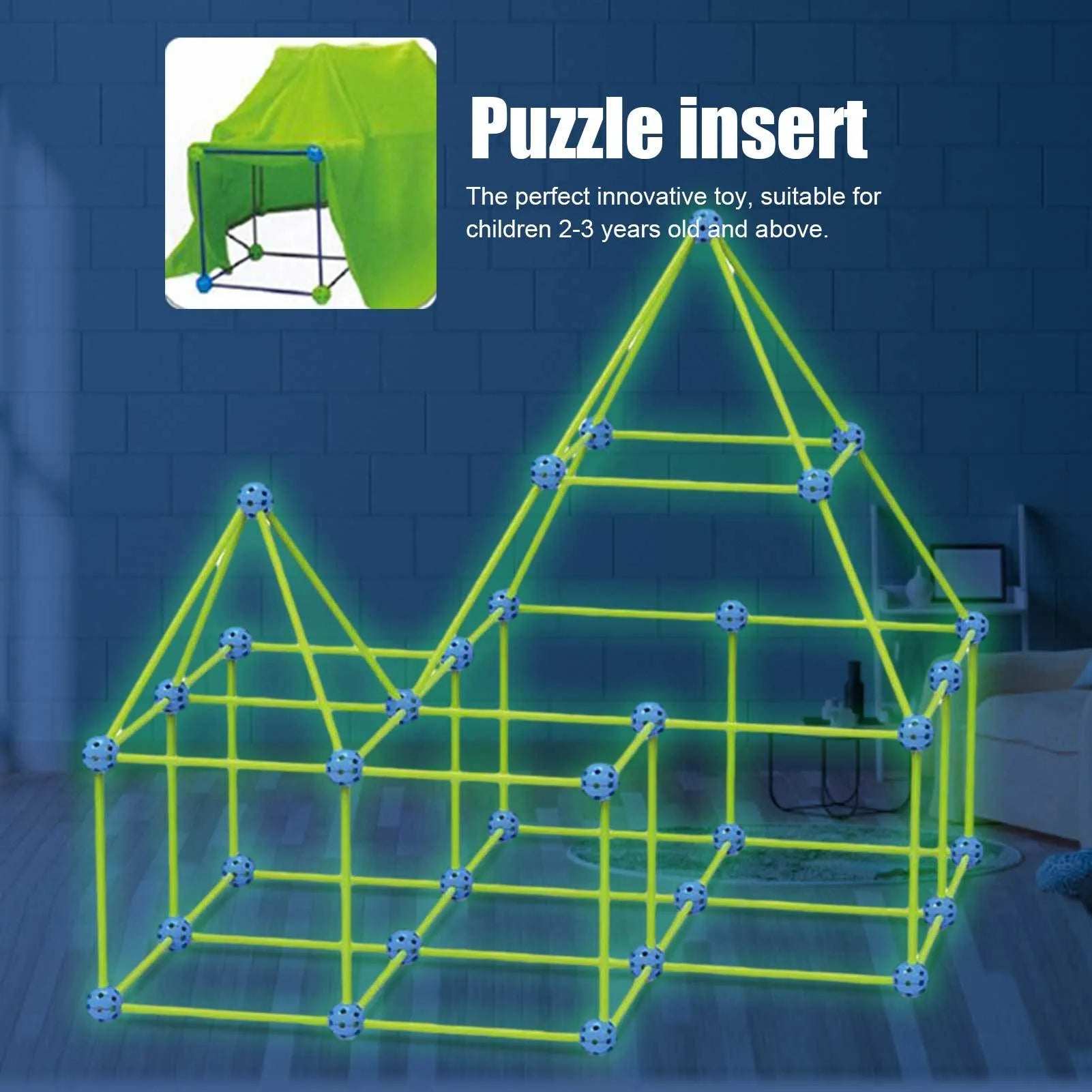 Children's luminous fort building kit with plastic rods, balls and storage bag for creative construction