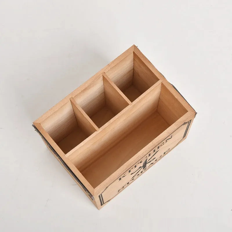 Wooden kitchen storage box with grid divider for organising knives forks and chopsticks