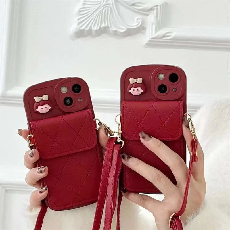 Red crossbody card holder phone case with lanyard and red diamond plaid TPU finish for iPhone