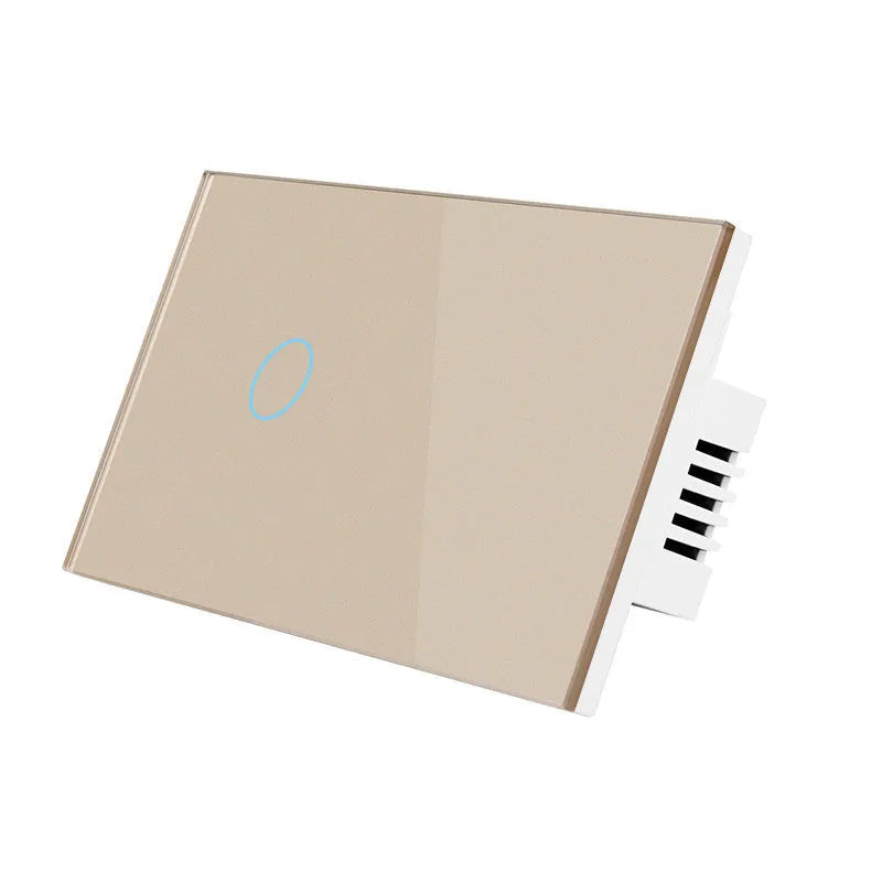 White wireless RF touch light switch with tempered glass panel showing red and blue LED indicators