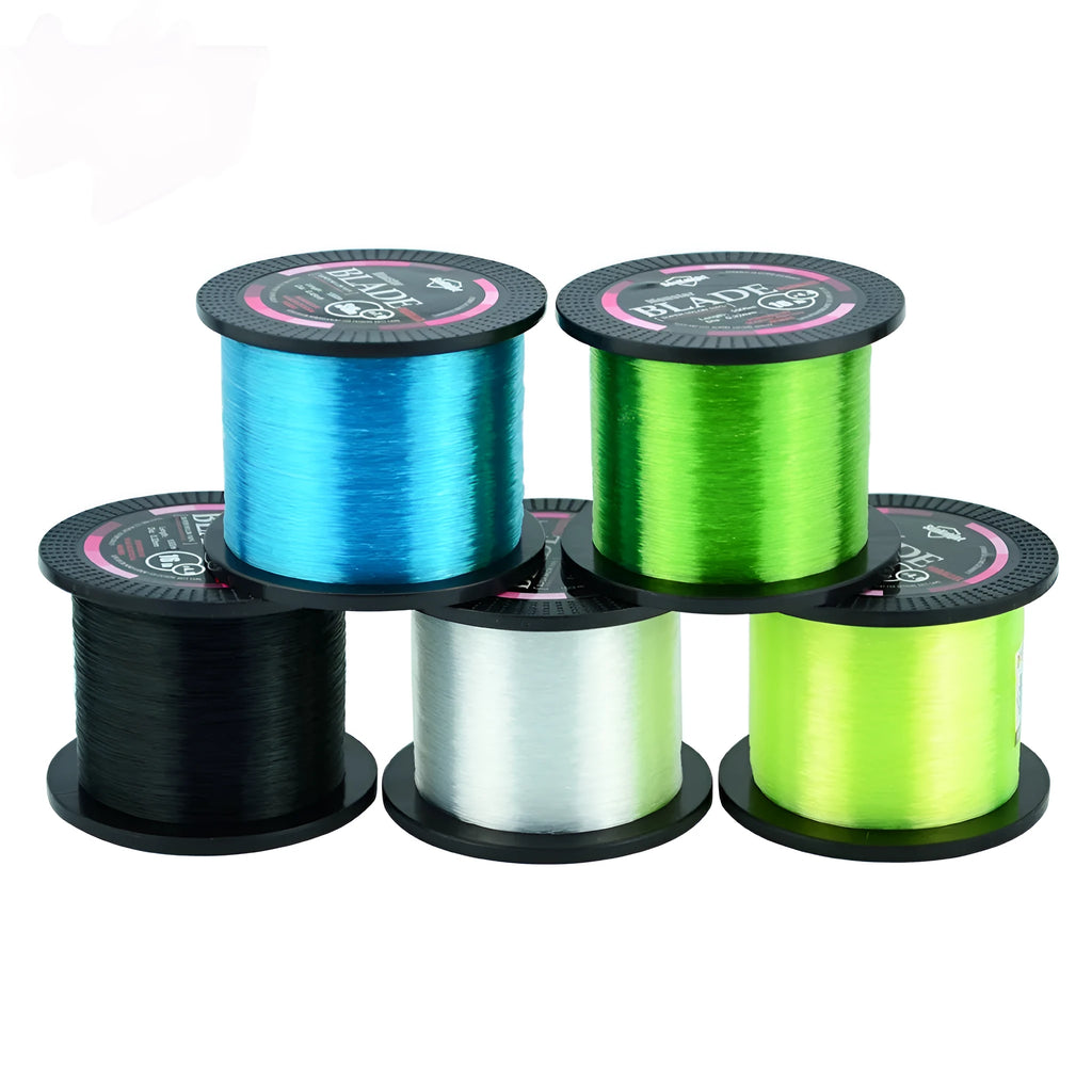 Roll of Seaknight1000 M nylon fishing line showing available colours: white, green, blue, yellow, black.