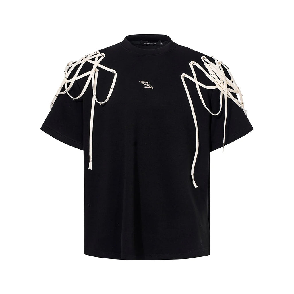 Black loose fit women's T-shirt with rivet ribbon padded shoulder detail and short sleeves