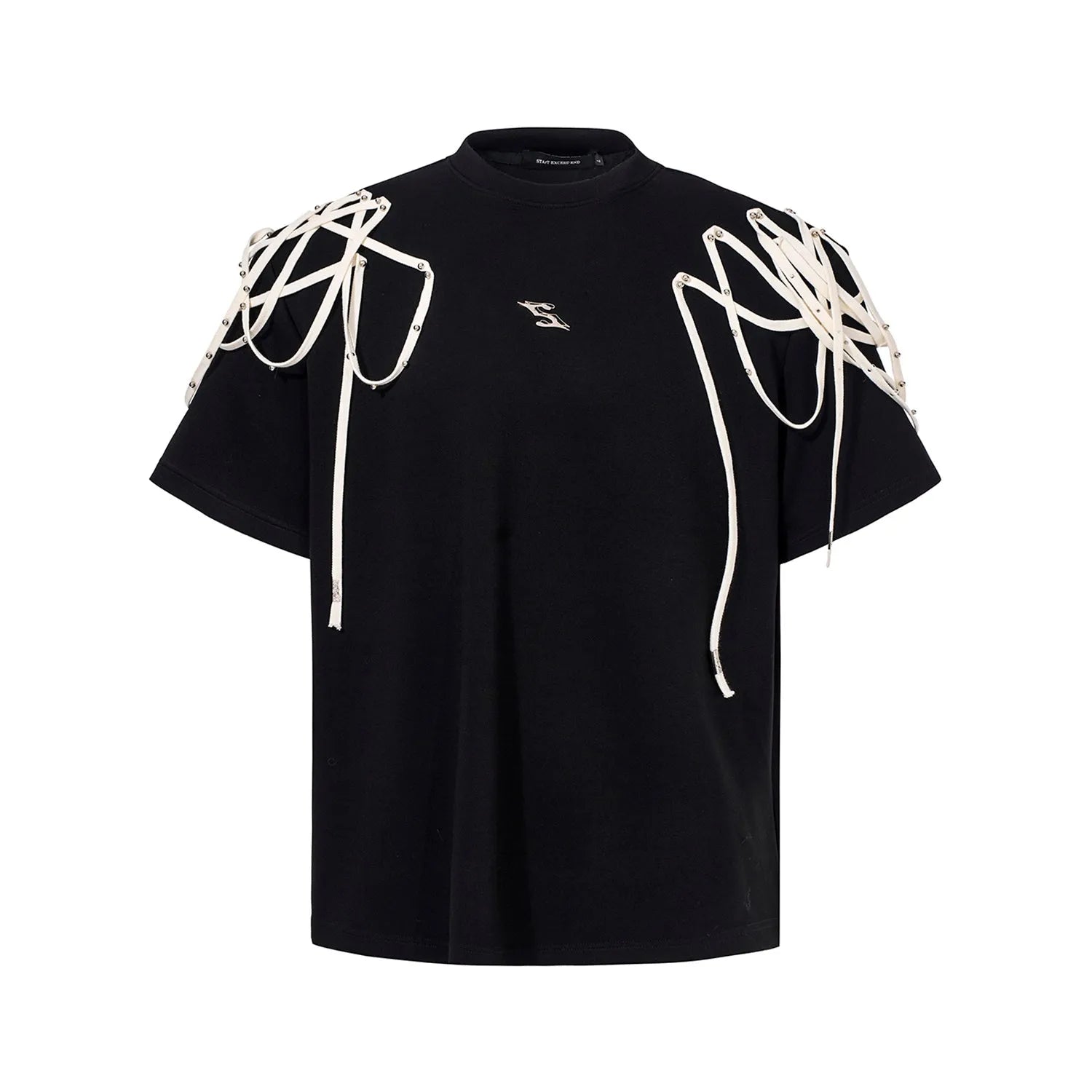 Black loose fit women's T-shirt with rivet ribbon padded shoulder detail and short sleeves