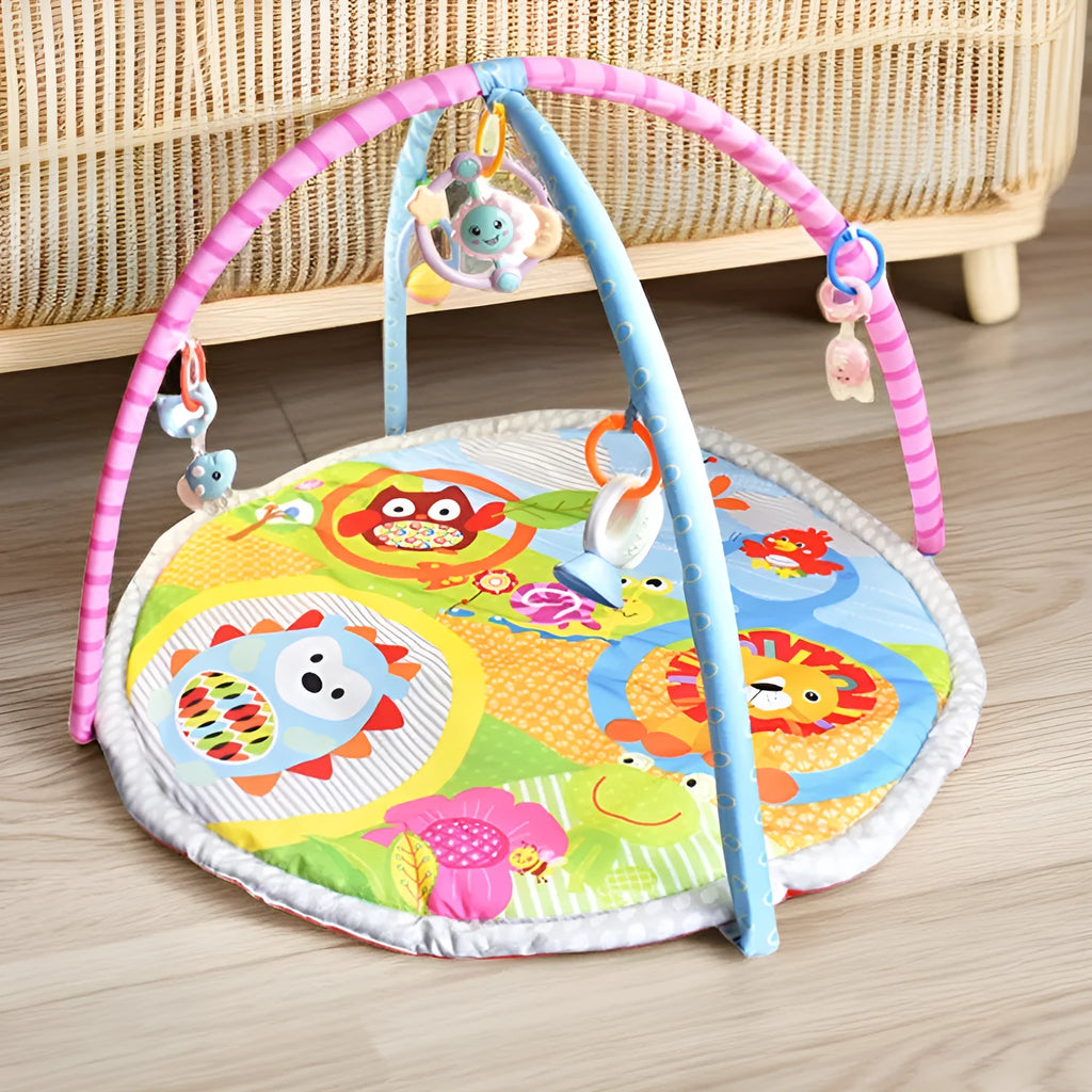 Personality brand velvet baby gymnastic rack game blanket with animal pattern on floor.
