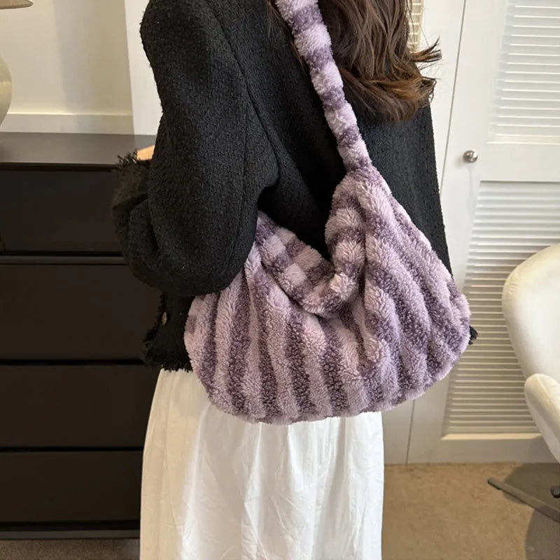 Large striped plush tote bag for women in black, green, orange, purple, or white, portable shoulder handbag.
