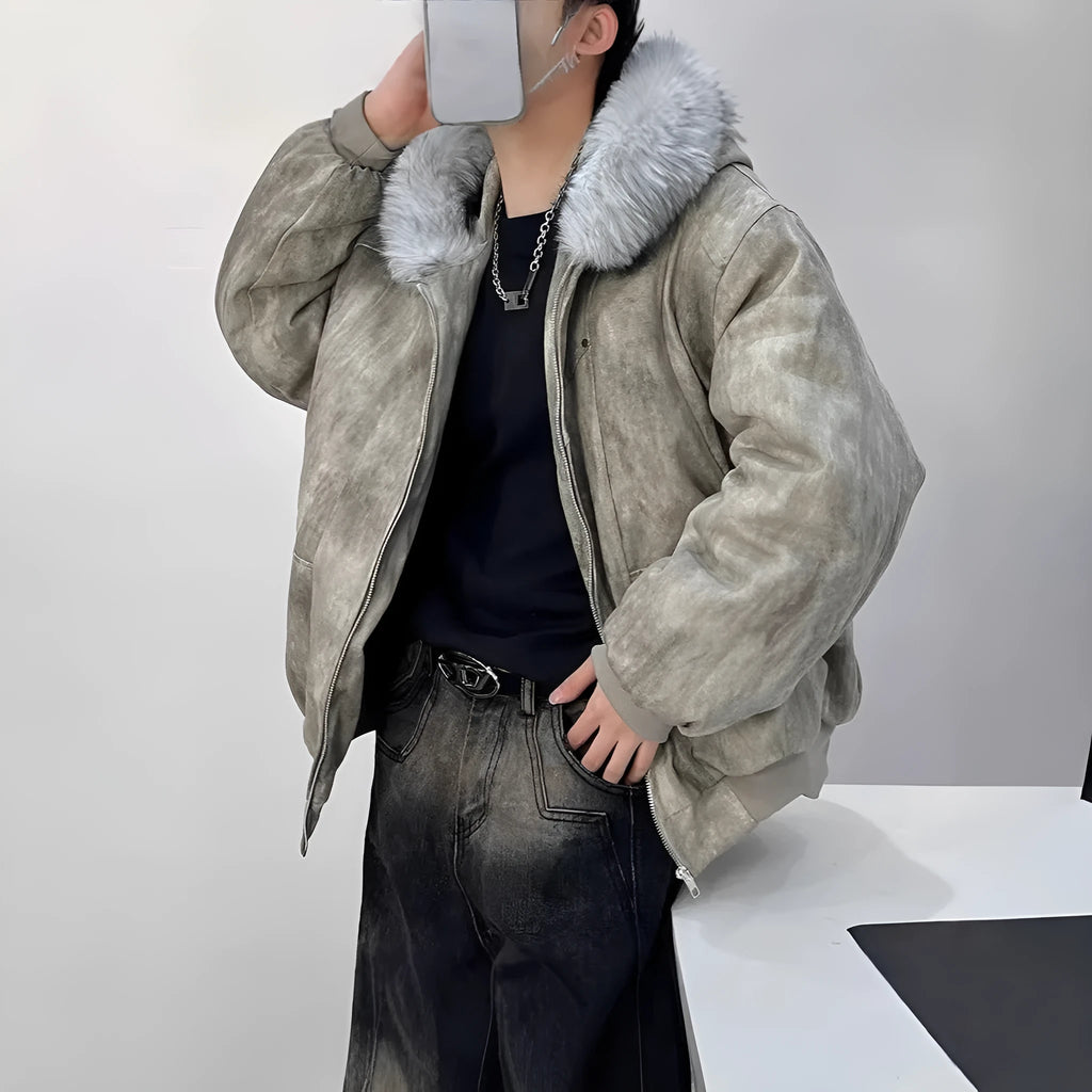 Men's hooded cotton-padded coat with large fur collar in black, short length, polyester fill