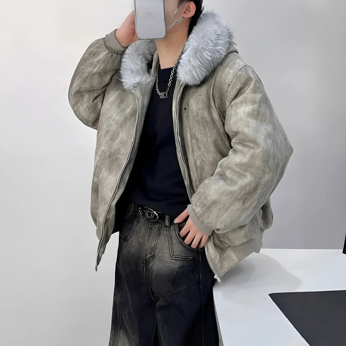 Men's hooded cotton-padded coat with large fur collar in black, short length, polyester fill