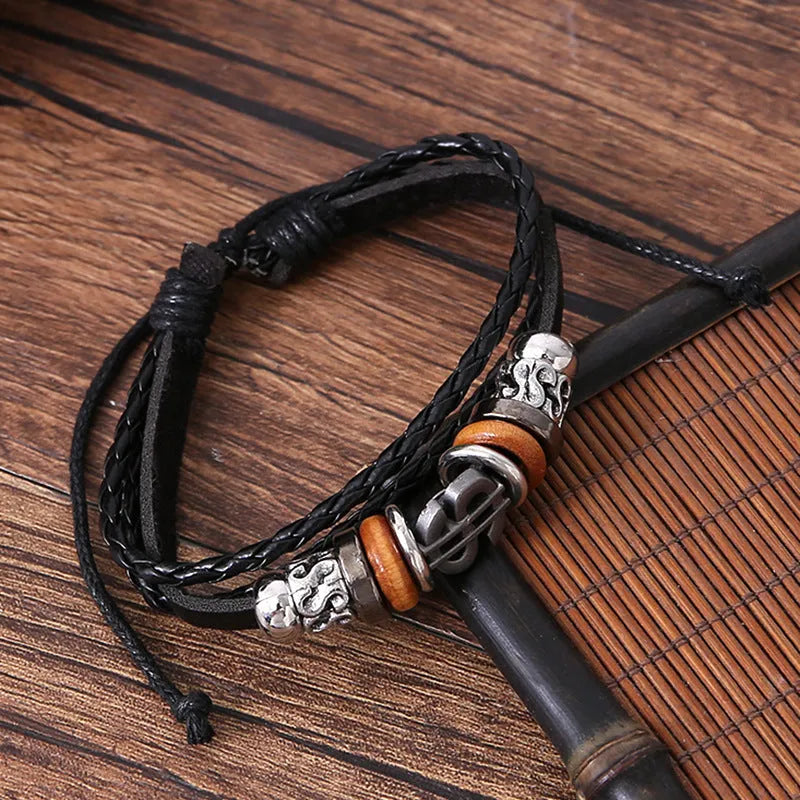 Men's multi-layer leather bracelet set with electroplated alloy and geometric round, oval, polka dot, and line design, unisex accessories set