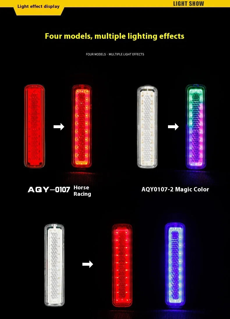 USB rechargeable bicycle light with colourful LED on a bicycle handlebar at night