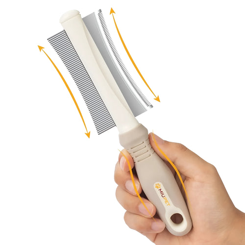White double-sided dog and cat deshedding brush with curved comb and ergonomic handle