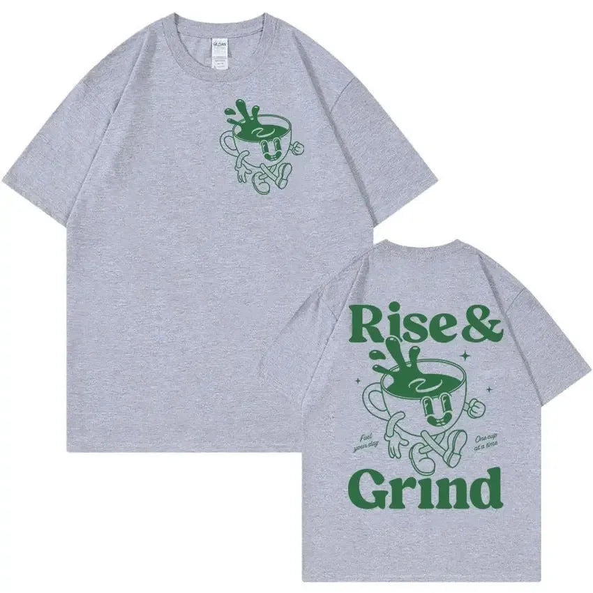 Loose fit linen T-shirt with Rise and Grind text and green coffee cartoon print on chest.