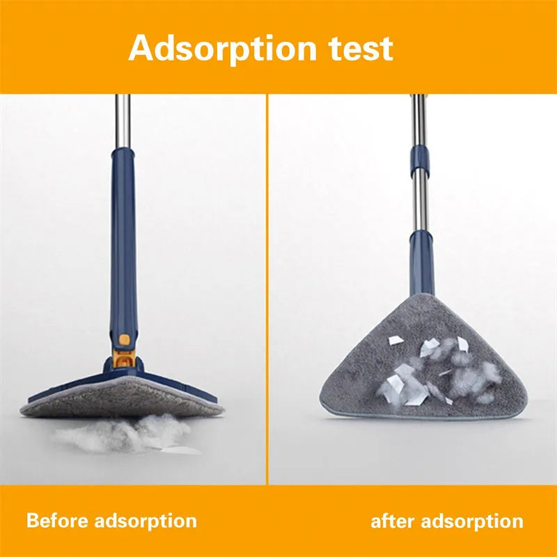 Blue triangle mop with rotating head on an extendable stainless steel pole for cleaning floors and walls.