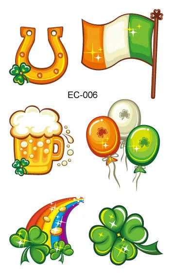 Temporary tattoo stickers with Irish festival flag designs for children, sized 120x75mm with St. Patrick's Day clover motif
