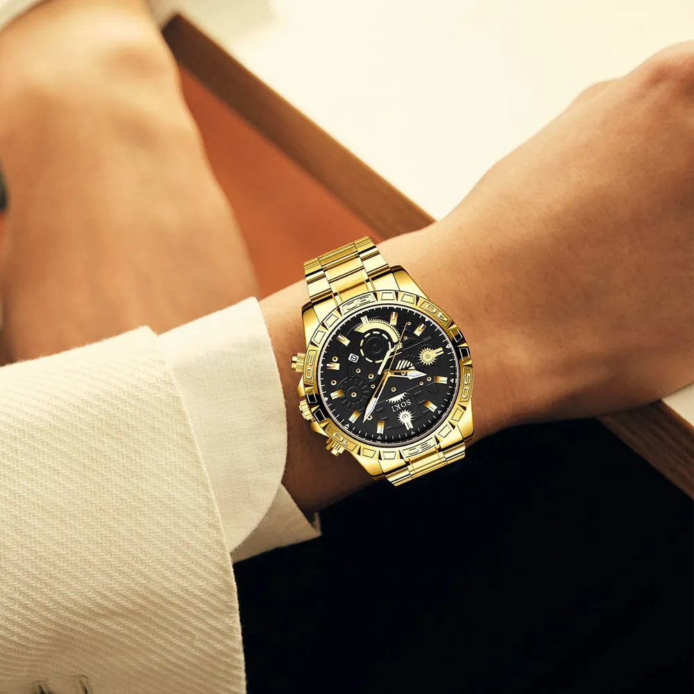Men's gold-colour stainless steel business watch with calendar display on white dial