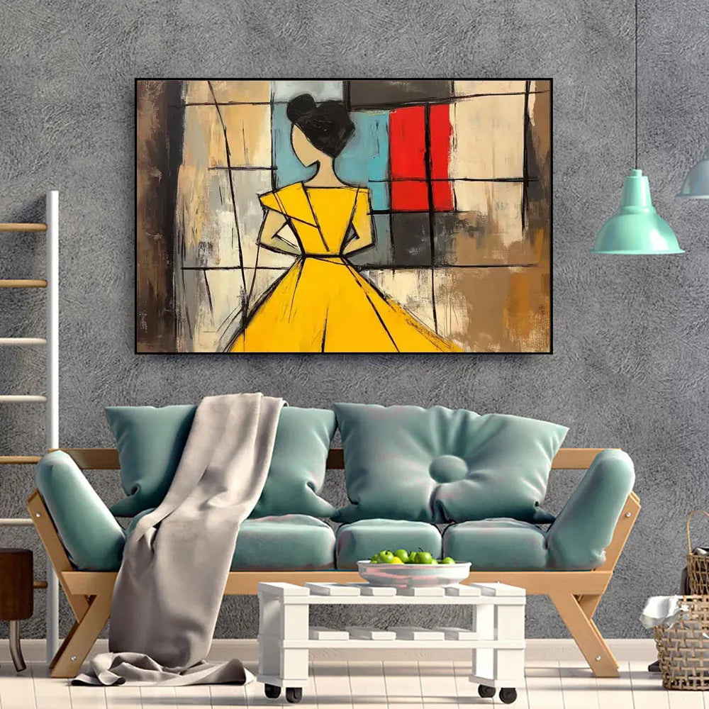 Abstract woman handmade oil painting in brown and green tones on canvas, vertical orientation, wabi sabi style, no frame