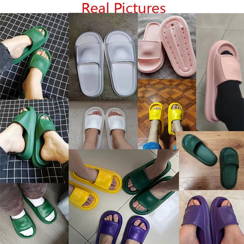 Unisex EVA flip-flop slippers with thick sole, shown in various colours on a bathroom tile floor.