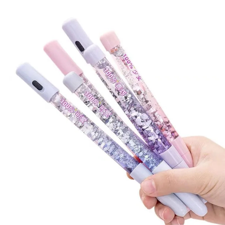 Glitter quicksand pen with 0.5mm tip in purple fairy wand style, black ink, 16cm plastic case