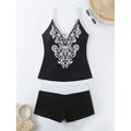 Women's plus size printed swimsuit in black or rose red, shown in briefs style.