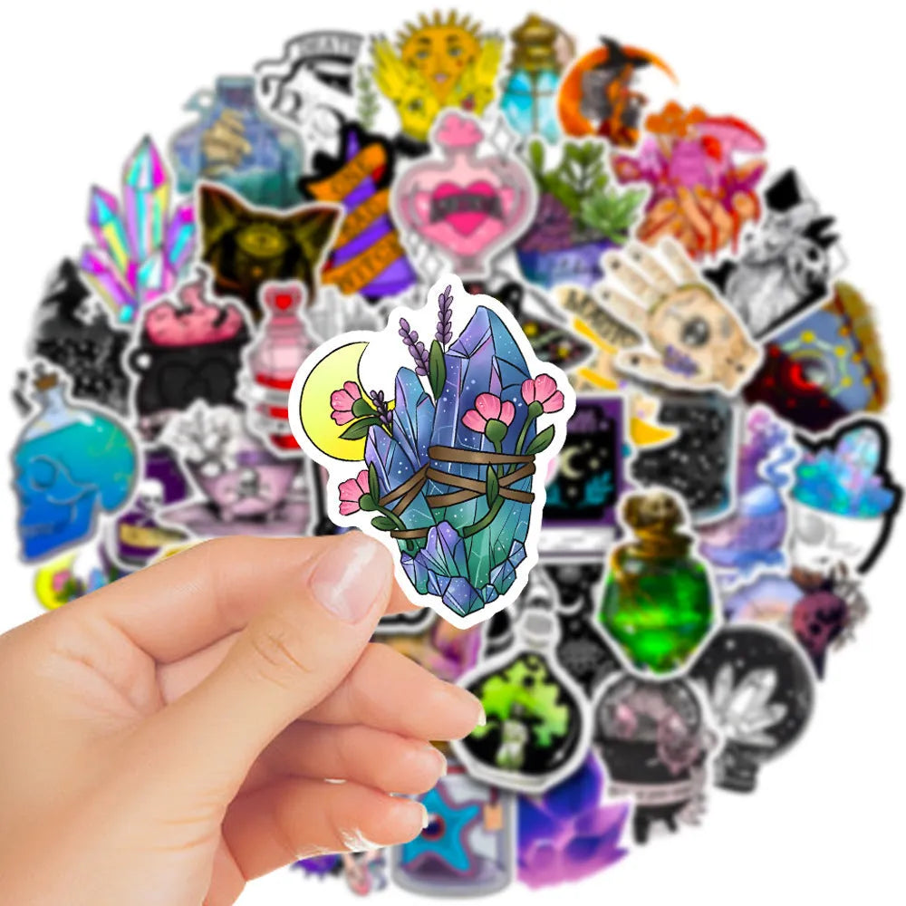 50 colourful glossy waterproof PVC stickers for luggage and smooth surface decoration, sizes 3cm to 8cm.
