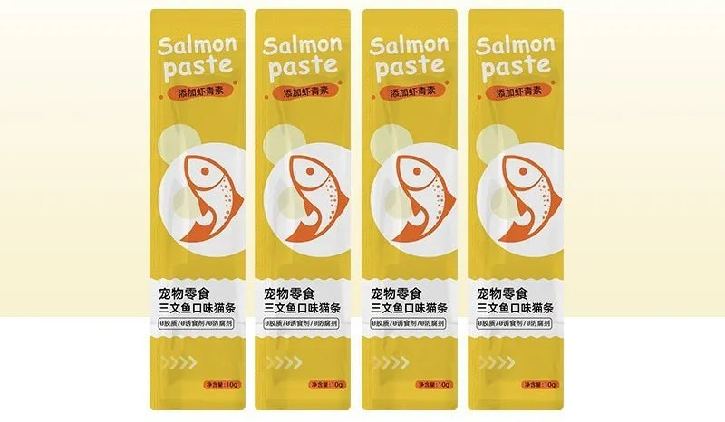 Pack of cat strip snacks for childhood stage cats showing four flavour variety options