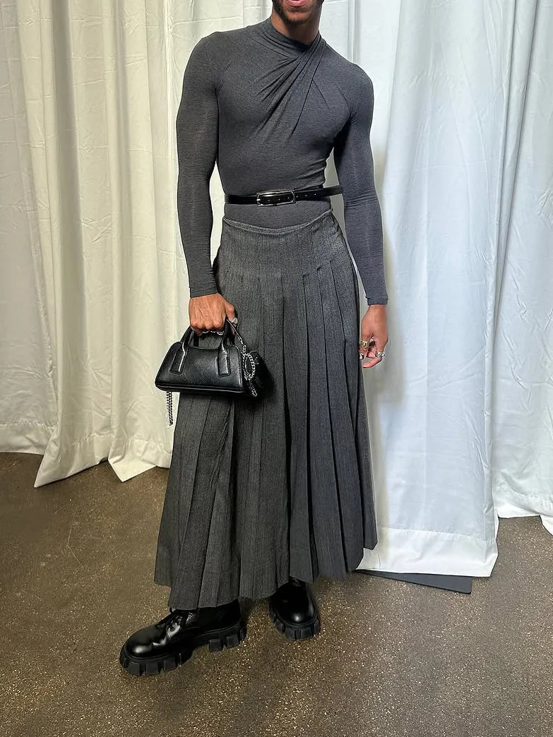 Men's grey pleated wide-leg full-length polyester trousers in regular fit, sizes S-2XL