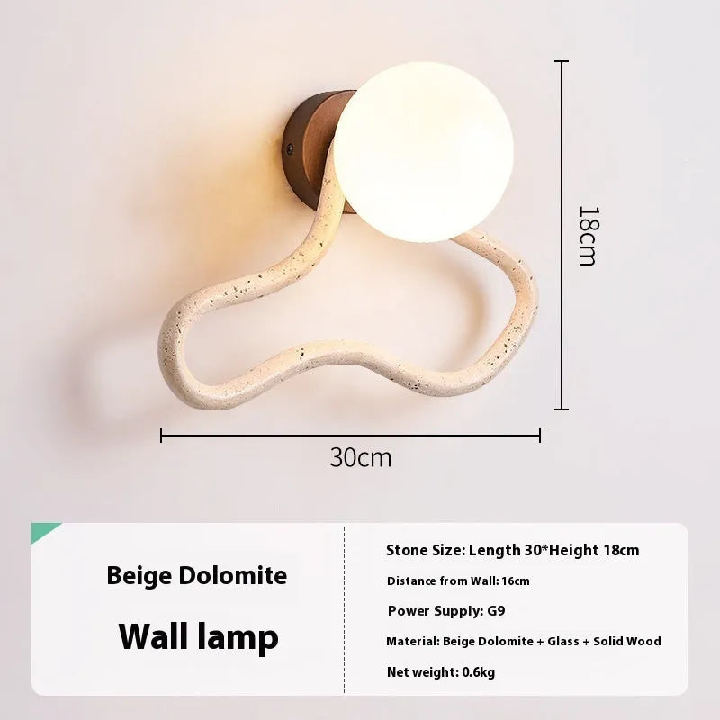 Middle Ancient cream style bedroom wall lamp with white travertine glass shade and solid wood base