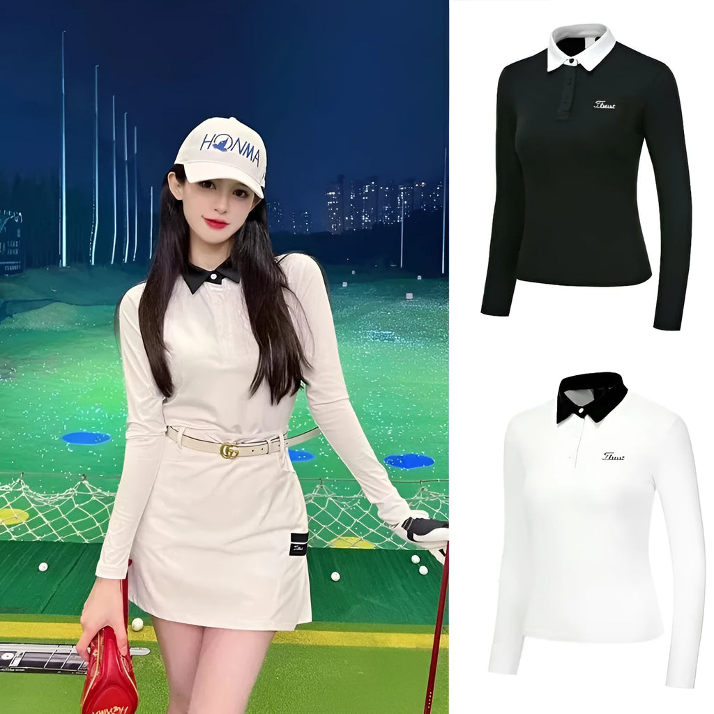Women's slim-fit long sleeve golf top in black, made from breathable polyester fabric for sun protection.