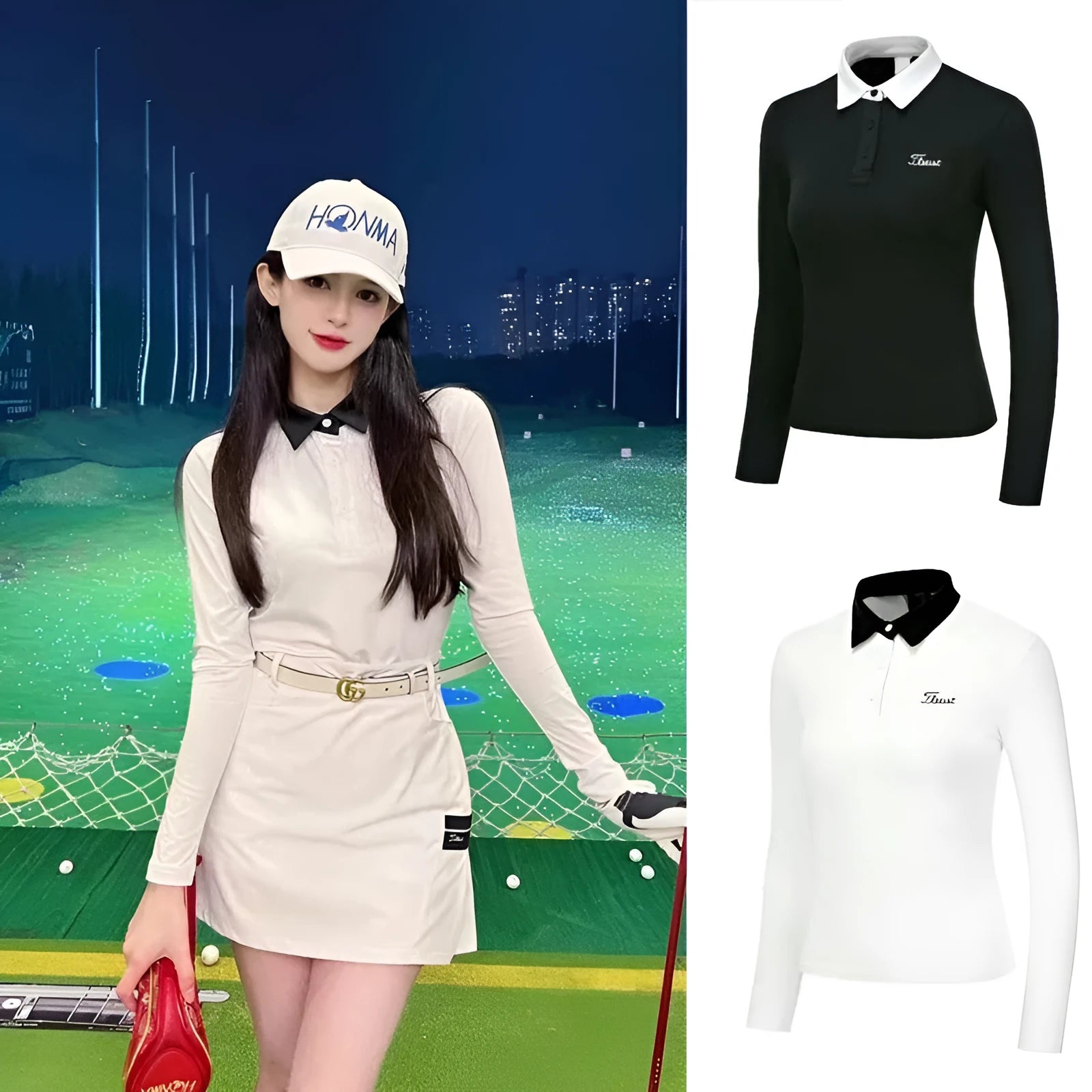Women's slim-fit long sleeve golf top in black, made from breathable polyester fabric for sun protection.