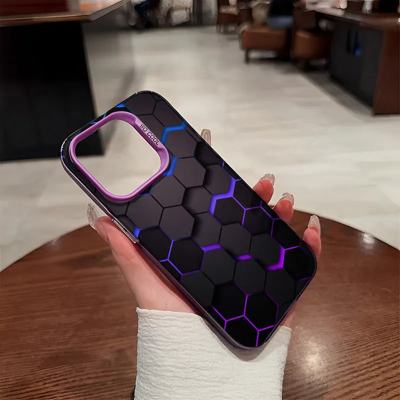 Frosted black iPhone case with honeycomb square pattern on the back.