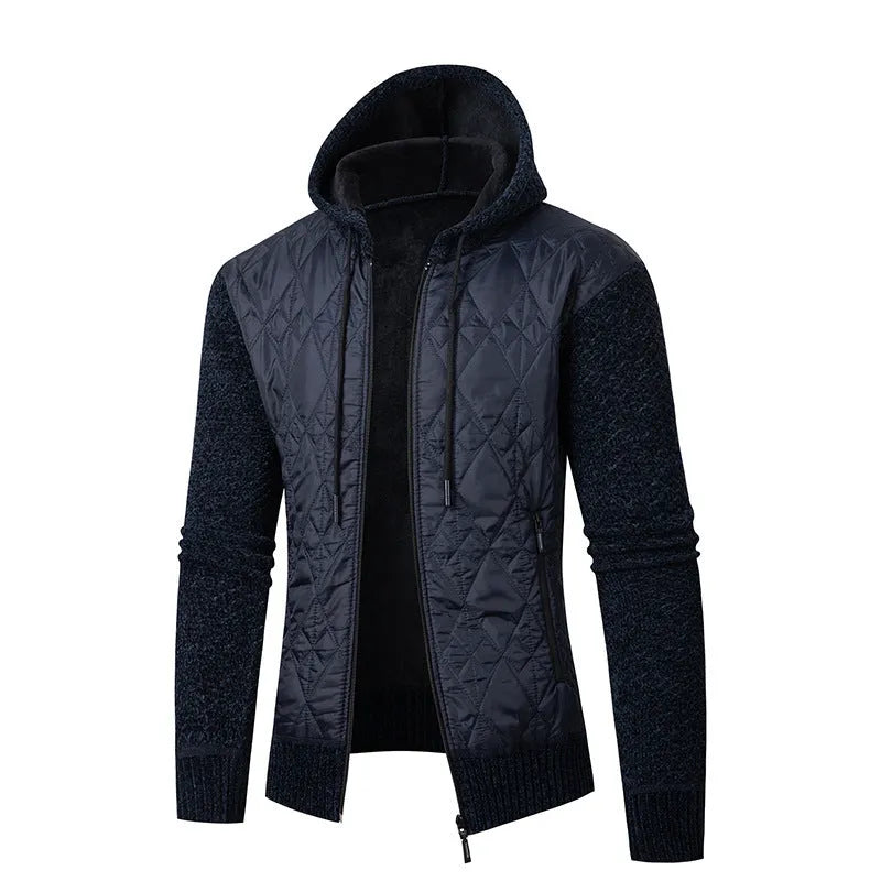 Men's grey corduroy hooded sweater coat with cinched style and wool composition