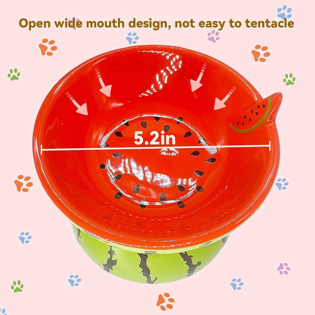 Ceramic raised cat bowl with elevated stand and wide tilted dish in fruit pattern.