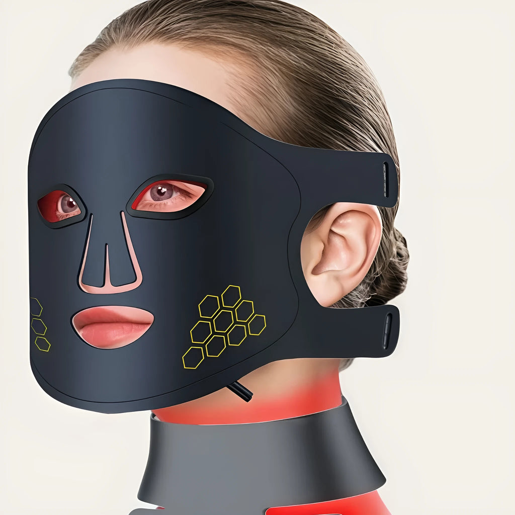 Black photon beauty mask with LED lights for facial and neck treatment with adjustable gear settings