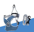 Adjustable green mesh dog harness with metal ring and leash on a mannequin.