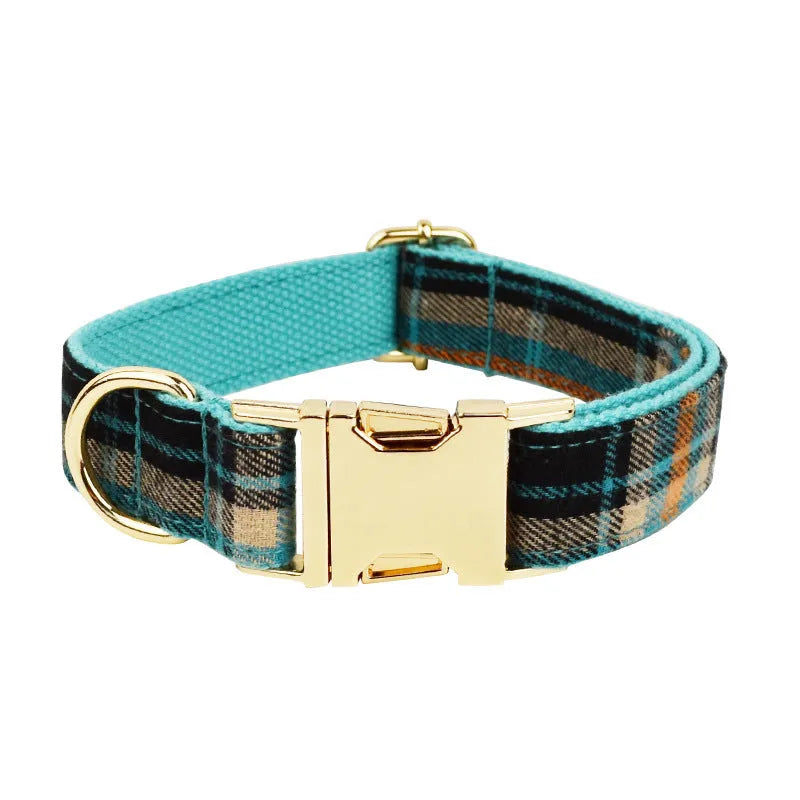 Green retro fabric dog collar, leash, harness, and bow tie four-piece set for pets