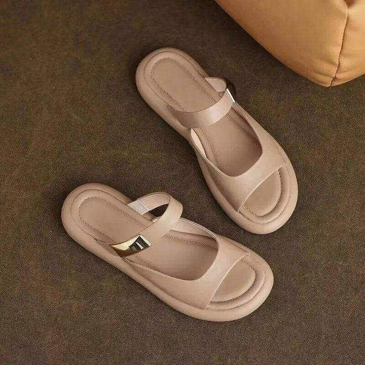 Women's peep toe platform sandals in apricot and white with soft leather upper and rubber sole for casual outdoor wear