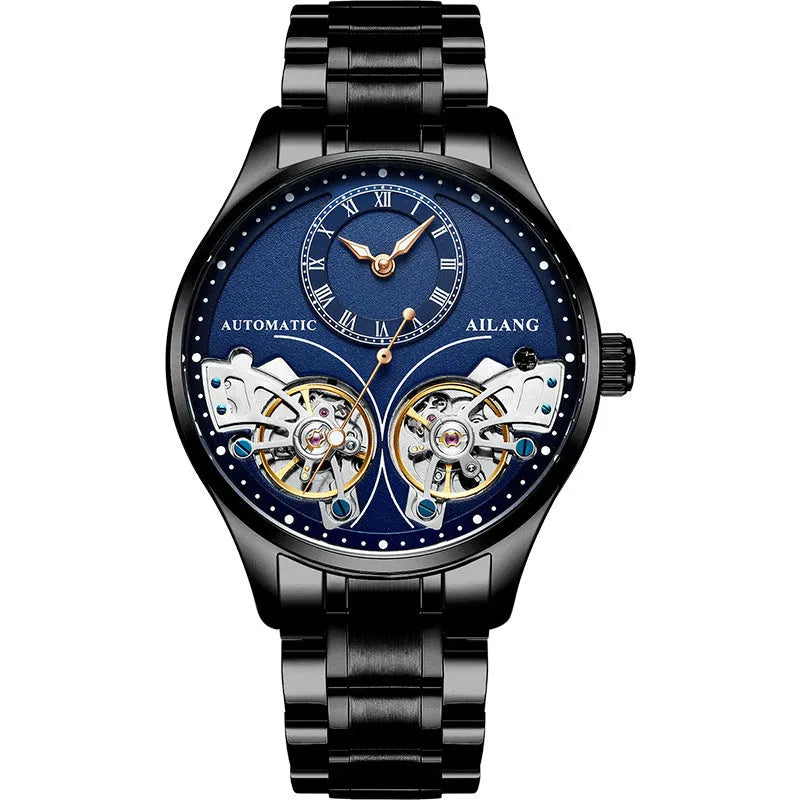 Automatic men's watch with tourbillon and moon phase on a black dial in a titanium case.