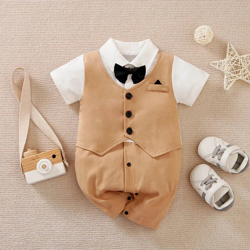 Baby boy gentleman-style long sleeve cotton jumpsuit in wine red, suitable for autumn and spring.