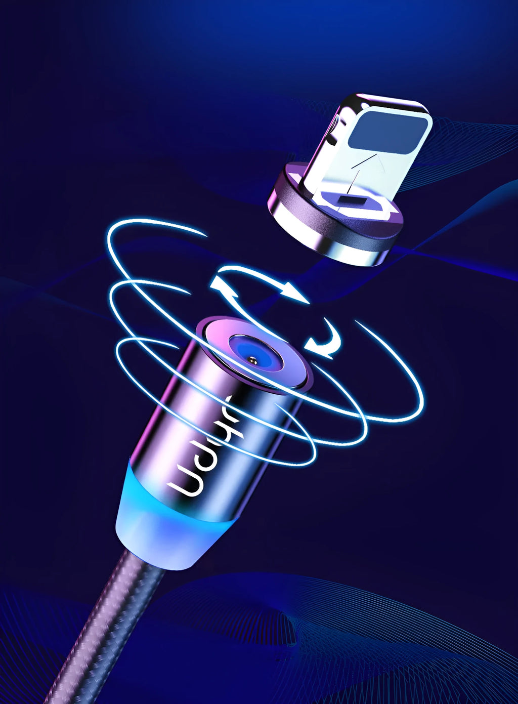 Black magnetic data cable with branching connector showing detachable iPhone, Micro USB, and Type-C magnetic heads.