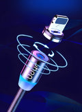 Black magnetic data cable with branching connector showing detachable iPhone, Micro USB, and Type-C magnetic heads.