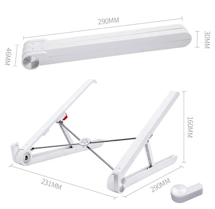 White portable laptop bracket with heat sink base in folded position.