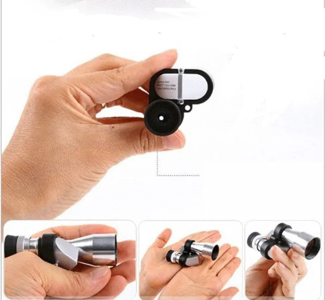 Compact aluminium 8x20 monocular telescope with blue lens coating, shown with its canvas carry case and lens cloth.