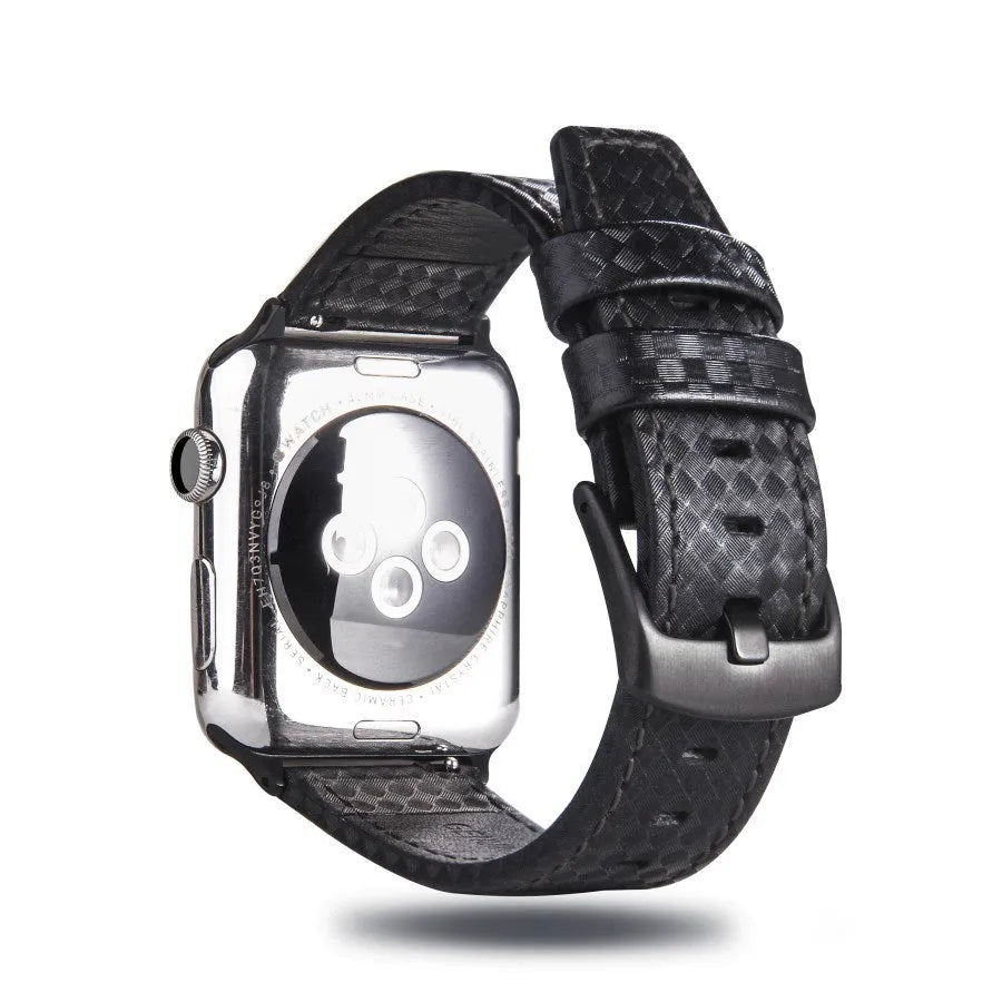 Carbon fibre and leather Apple Watch strap on a PC hard shell case, showing red, black, orange, and blue colour options.