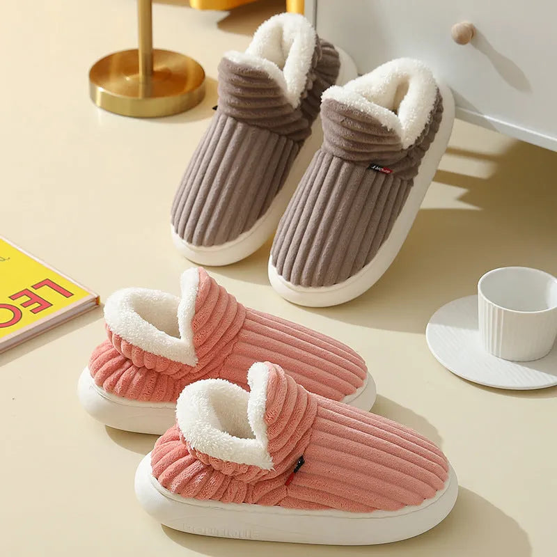 Winter plush home slippers in solid colour stripes, polyester, sizes 36to47, for women and men
